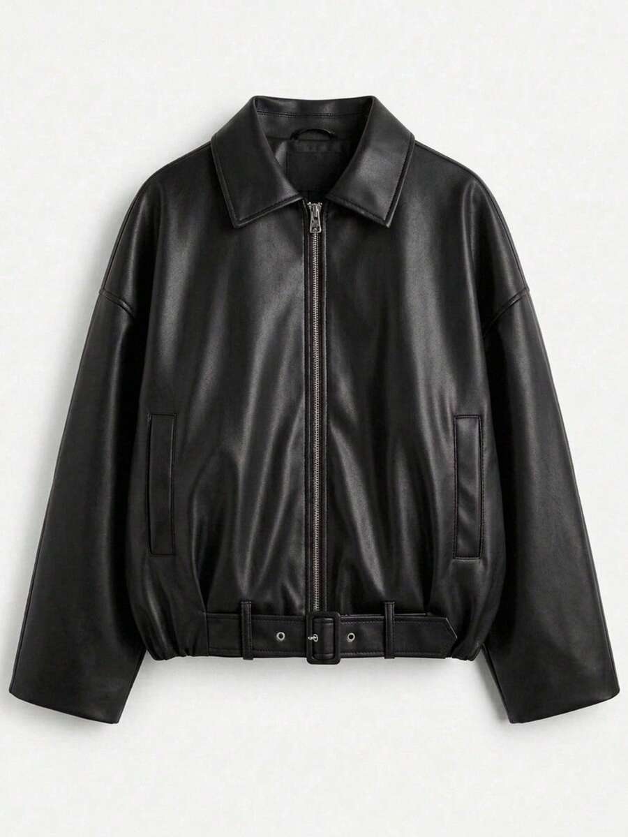 Women's Buckle Leather Oversize Relax Fit Cut Jacket - Black - View 1