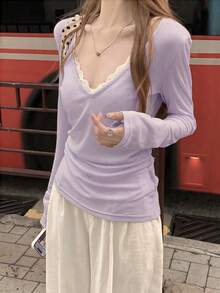 春夏V領防曬層搭百搭長袖女款T恤上衣 - 淡紫色 - 查看 2