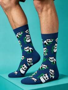 1 Pair Of Crew Sock, Men Funny Graphic Socks, Cute Panda Bamboo Pattern Socks, Soft Breathable, Halloween Christmas Holiday Gift For Men Women - Multicolor - View 3