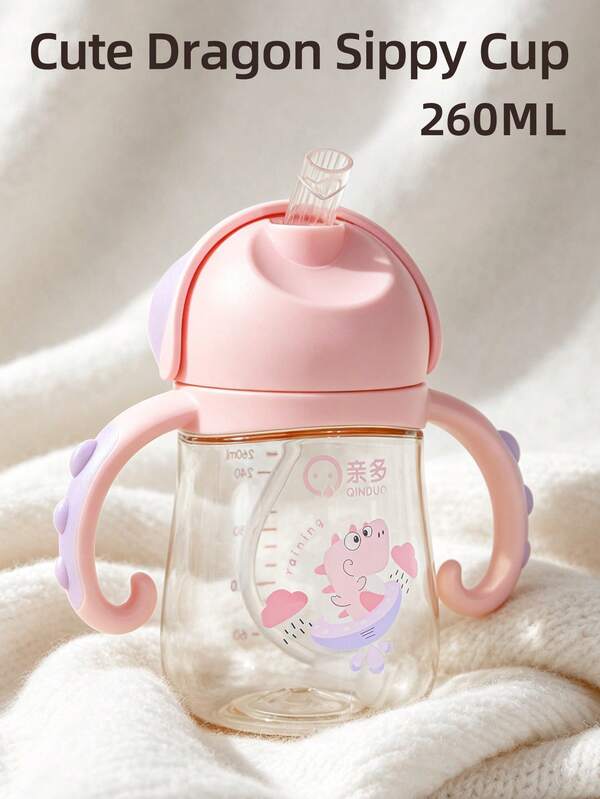 1pc 260ml Cartoon Straw Children's Cup, Cute Baby Training Cup, 360° Drinking, Leak-Proof & Drop-Resistant With Scale And Handle, Suitable For Daily Use