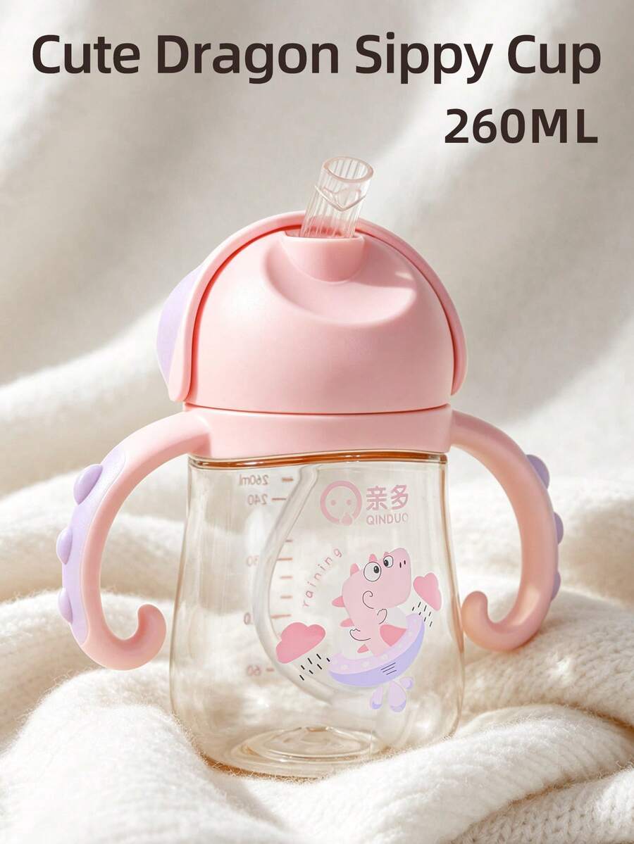 1個 260ml 卡通吸管兒童杯,可愛嬰兒訓練杯,360°飲水,防漏防摔,附刻度與手柄,適合日常使用 - 恐龍款粉紅色 - 查看 1
