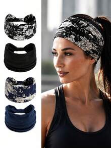 2 Pieces Set Of Printed Wide Elastic Hairbands, Non-Slip Hair Accessories, Simple And Fashionable Fitness Accessories, - Multicolor - View 9