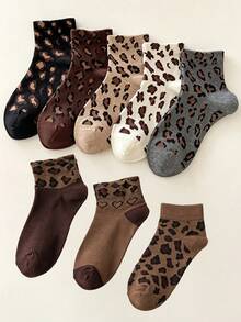 1/5/10 Pairs Vintage Leopard Print Short Socks, Maillard Brown Tone Women's Casual Socks, Multi-Color Fashion Socks - Multicolor - View 7