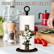 Cross With White Lily Wooden Paper Towel Holder, Rustic Religious Table Decor For Kitchen Counter, Dining Table, Living Room Side Table, Cabinet Countertop, Decorative Countertop Paper Roll Stand, Faith‑Themed Home Tabletop Ornament - Multicolor - View 2