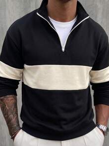 Men's Autumn/Winter Fashion Classic Patchwork Zip-Up Sweatshirt, Outdoor Casual Everyday Wear - Black - View 9
