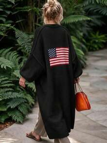 Cardigan Rajut Panjang Ukuran Plus Wanita, Sweater Lengan Panjang Leher V dengan Bahu Longgar, Cocok untuk Dipakai di Musim Gugur/Musim Dingin - Hitam - View 4