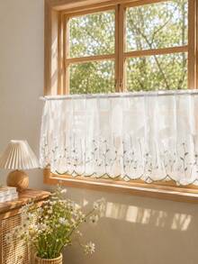 1pc Fresh Floral Embroidered Coffee Curtain, Kitchen Small Window Curtain, Suitable For Kitchen Cabinet, Bay Window, Door Curtain Divider, Home Decor - Mint Green - View 5
