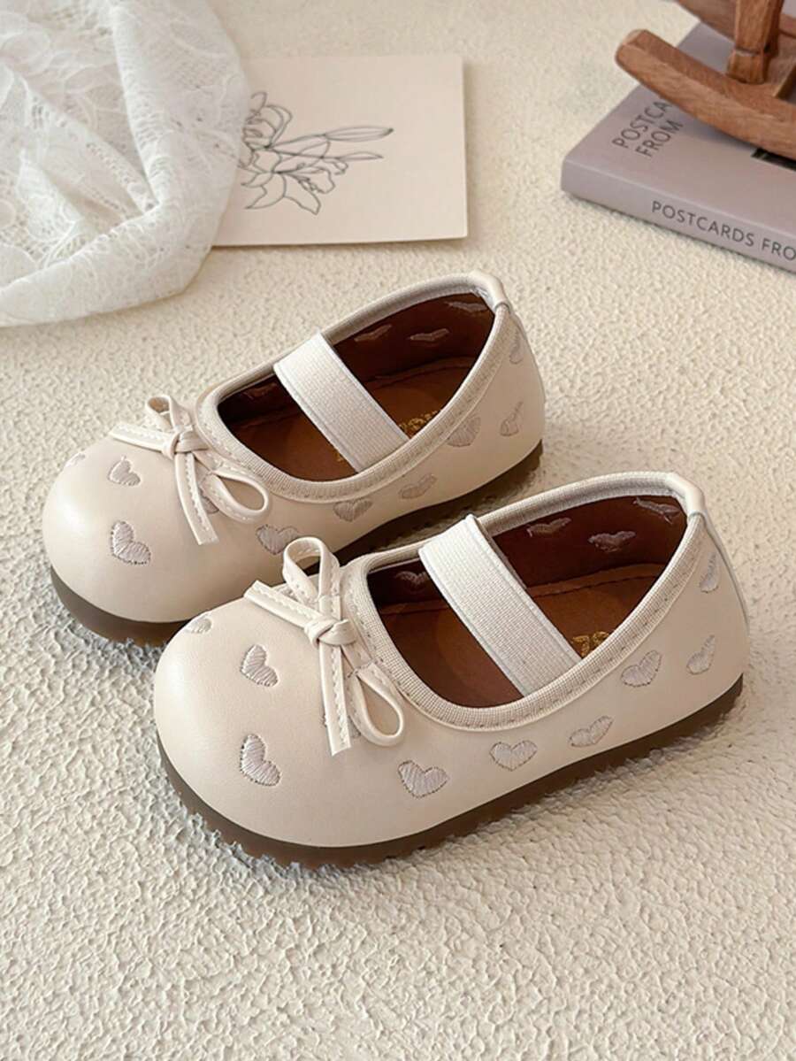 Girls' Heart Embroidery Bow Mary Jane Shoes, Spring/Autumn Soft Sole Non-Slip Baby Princess Shoes, Girls' Elastic Band Shoes - Beige - View 1