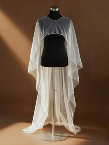 1pc White Mesh With Faux Pearl Decor Bridal Shawl, Floor Length Tulle Cover-Up, Suitable For Wedding, Beach, Party Dress Accessory - White - View 2