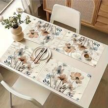 1/4/6pcs Autumn Series Ink Wash Light Brown Floral Pattern Printed Placemats, Heat Resistant Table Mat For Home Kitchen/Kitchen Table Protection, Party Scene Decoration - Multicolor - View 7