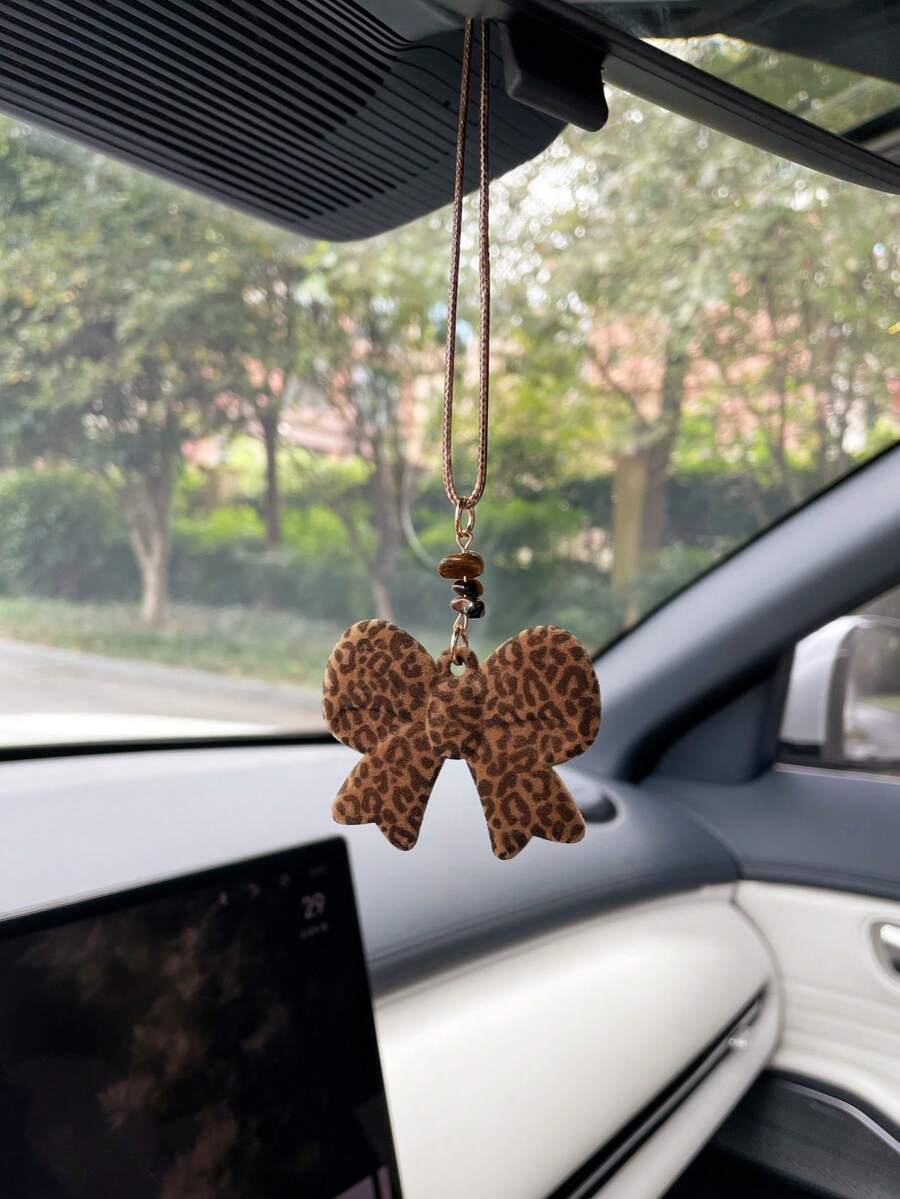 1件裝 秋冬植絨豹紋愛心蝴蝶結吊飾汽車後視鏡裝飾 - 多色 - 查看 1