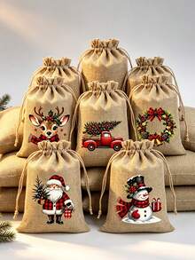 5/12pcs Christmas Burlap Gift Bags, Christmas Gift Bags, Reusable Drawstring Bags, 5 Christmas-Themed Designs Randomly Shipped, Suitable For Christmas Party Favors, Birthday Gifts, Christmas Tree Decorations - Type a - View 7