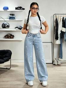 Teen Girl's Loose Fit Washed Wide Leg Pants With Rhinestone Embellishment, Casual Long Pants, Versatile For Daily Wear - Light Wash - View 4
