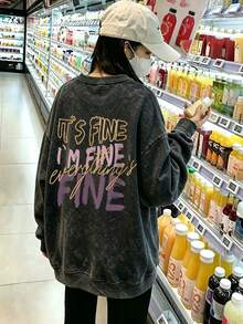 1pc Women's Long Sleeve Crew Neck Pullover Sweatshirt, Fashion Letter Print, Vintage Washed Fabric, Autumn/Winter Casual Loose Versatile Top - Black - View 1