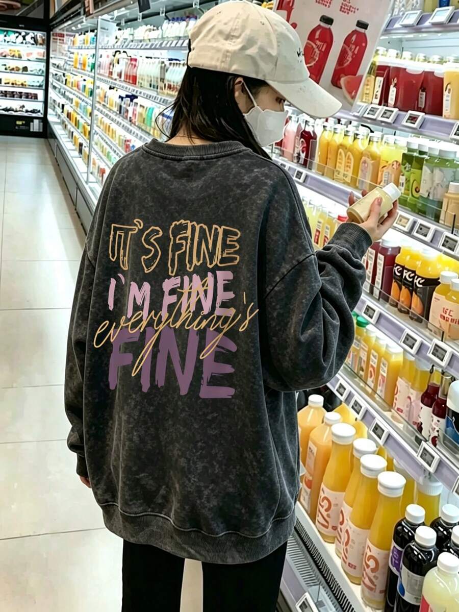 1pc Women's Long Sleeve Crew Neck Pullover Sweatshirt, Fashion Letter Print, Vintage Washed Fabric, Autumn/Winter Casual Loose Versatile Top - Black - View 1