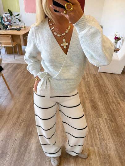 HoloChill Women's Young Influencer Casual Style Ribbed Knit High Elastic Straight Leg Pants, Comfortable Fabric, Slim Fit, Black And White Striped Knit Comfortable Pants Fall/Winter Casual 2026 New Arrival, Fall/Winter Pants Women's Autumn/Winter Clothing Women's Holiday Outing Elegant Pants Back To School Fall/Winter French Luxury Christmas