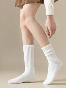 1/2/3/4 Pairs White Women Ribbed Slouchy Scrunch Mid Calf Tube Skate Socks, Solid Loose Cuff Stackable Crew Socks Teen Girls Vintage Street Style - Multicolor - View 3