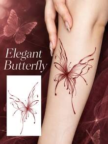 Elegant Butterfly Temporary Tattoo Sticker, Minimalist Fine Line Butterfly Design, Feminine Red Ink Body Art, Waterproof Long Lasting Fake Tattoo For Women, Aesthetic Arm Leg Tattoo Decal, Delicate Romantic Beauty Makeup Accessory - Multicolor - View 1