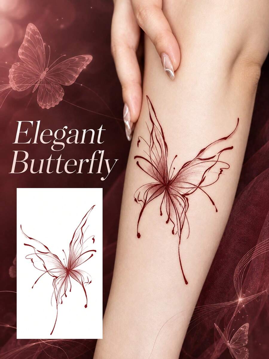 Elegant Butterfly Temporary Tattoo Sticker, Minimalist Fine Line Butterfly Design, Feminine Red Ink Body Art, Waterproof Long Lasting Fake Tattoo For Women, Aesthetic Arm Leg Tattoo Decal, Delicate Romantic Beauty Makeup Accessory - Multicolor - View 1