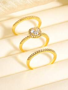 3pcs Fashion Elegant 18K Gold Plated Square Cubic Stackable Rings Set, Stacked Wear Luxury Style Jewelry Designed For Women, Suitable For Women's Daily/Party/Wedding/Date Wear, First Choice For Holiday Gift - Gold - View 9