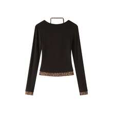 American Retro Sweet & Spicy Leopard Print Patchwork 2 In 1 Knit Halter Neck Long Sleeve Base Layer T-Shirt - Black - View 6