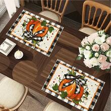 1/4/6pcs Autumn Series Black & White Plaid Bow & Pumpkin Pattern Printed Placemats, Heat Resistant Table Mat For Home Kitchen, Table Protection, Kitchen Dining Table, Party Decor - Multicolor - View 6