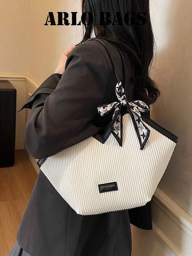 Tote Bag, V-Shaped Opening Houndstooth Scarf Bow Pendant Vertical Pleated Texture PU Contrast Trim Zipper Closure French Luxury Large Capacity Tote Bag Women Elegant Commute Handbag Shoulder Bag Underarm Bag - White - View 5
