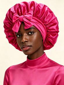 Large Satin Sleep Cap With Big Bow, Adjustable Long Tie, Suitable For Long Thick Hair Nighttime Hair Care - A - View 5