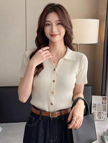 Fashionable Polo Collar Raglan Short Sleeve Knit T-Shirt For Women, Lightweight, Versatile Cardigan Top, Spring/Summer, Aesthetic Fall - Apricot - View 2