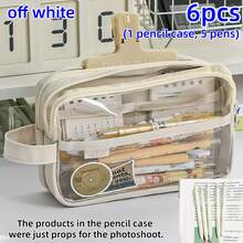6pcs (1 Pencil Case + 5 Pens) Multi-Layer Pencil Case, Multi-Functional Large Capacity, Zipper Closure, Independent Compartments, Convenient Mesh Storage Design, Multi-Color Options, Your Ideal Office Desk Organizer, Suitable For Office And School Pencil, Ballpoint Pen, Colored Pencil Storage, Unisex, Back To School Gift For Friends - A - View 16
