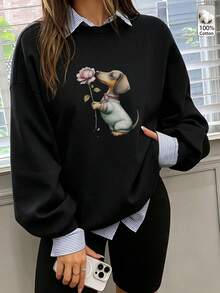 Oversized Women's Sweatshirt For Autumn/Winter, Casual Daily Wear, Long Sleeve Hoodie, Outerwear Top, Y2K, Letter Slogan Graphic, Unisex,Black - Black - View 5