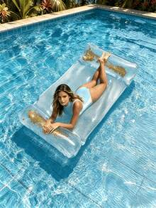 1pc Transparent Sequin Inflatable Floating Row, Double-Tube Inflatable Bed With Air Hose, Foldable Swimming Pool Float, Multifunctional Swimming Pool Floating Bed For Adult Vacation & Recreation - Double Tube - View 7