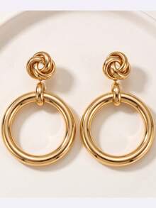 1 Pair European & American Vintage Style Gold Knot Round Hoop Earrings, Featuring Top 3D Woven Rope Knot Connected To Large Circular Pendant Design, Suitable For Daily Commute Or Party Occasions, Showcasing Elegant And Fashionable Elegant For Urban Women - Yellow Gold - View 4