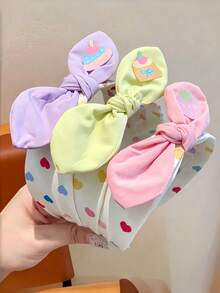 3pcs Cute Heart Print Rabbit Ear Headbands, Colorful Cake Applique Knotted Bow Wide Hairbands, Sweet Macaron Hair Accessories, Adorable Hair Accessories For Girls' Daily Face Washing - Multicolor - View 16