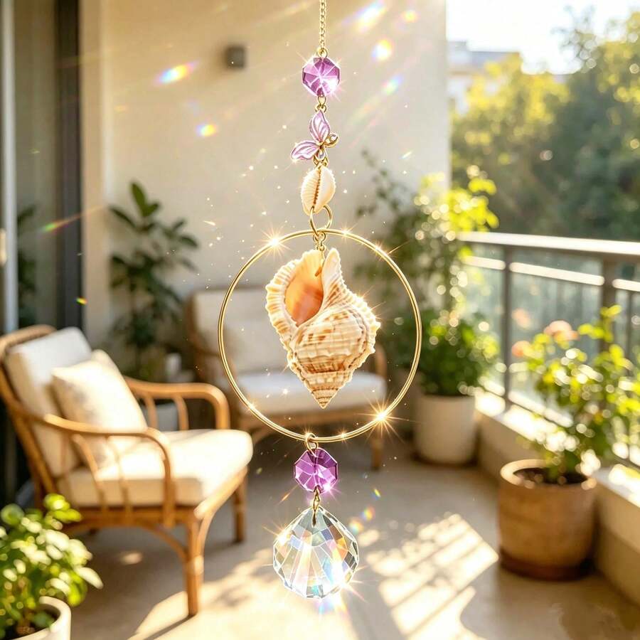 1件精緻風鈴,裝飾有貝殼、紫水晶、水晶碎片和蝴蝶,在陽光照射下可投射出美麗柔和的光影,適合掛在窗戶、陽台和庭院用於裝飾美化 - 隨機 - 查看 1