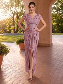 EVERPRETTY Autumn Elegant Charming Pink Sequin Embroidered V-Neck Batwing Sleeve Slit Evening Gown Formal Dress Suitable For Party, Dinner, Semi-Formal Occasions - Dusty Pink - View 9