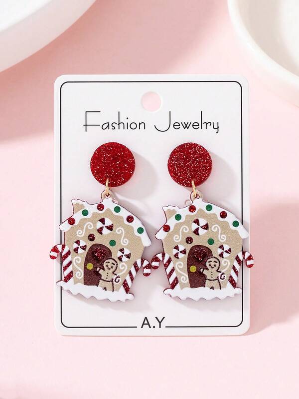 1 Pair Christmas Cute Gingerbread Man Scepter House Design Women's Fashion Jewelry Earrings, Perfect Gift For Holiday Parties