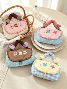 1PC/6PCSSweet Aesthetic Embroidered Cosmetic Bag, Handheld Travel Makeup Organizer, Large Capacity Zipper Toiletry Storage Pouch, Plaid Polka Dot Design, Cute Cartoon Pattern For Girls Daily Travel Cosmetics Accessories Storage - Multicolor - View 9