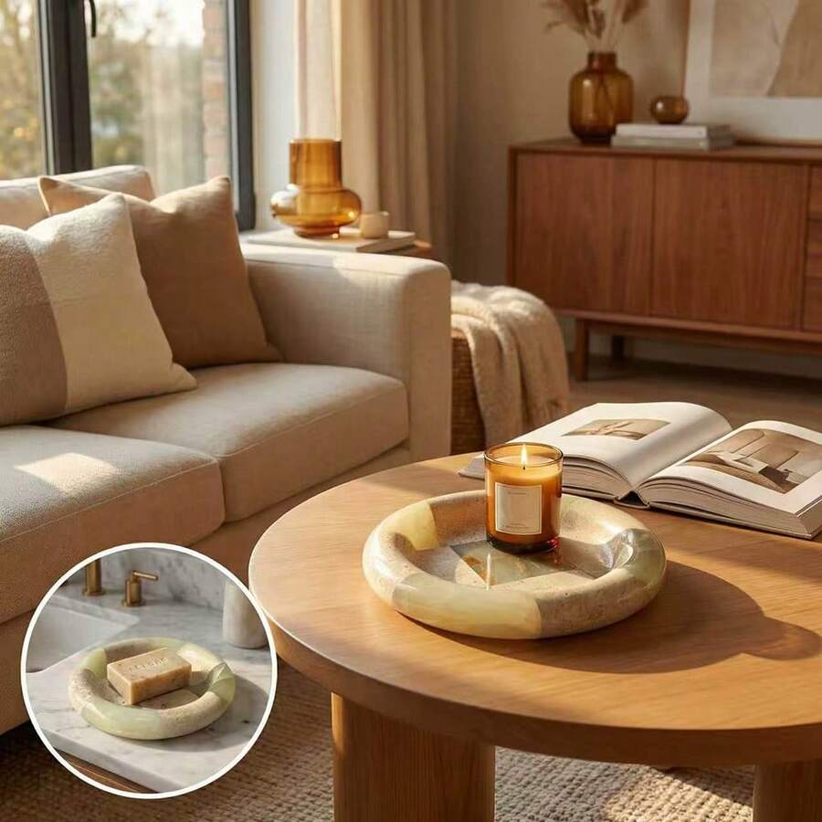 Luxury Marble Jewelry Tray, Yellow Jade Inlay Elegant Style Vanity Jewelry Organizer Storage Dish, Multi-Scene High-End Storage Tray - Yellow + Jade - View 1
