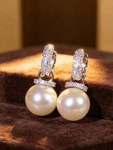 1pc Elegant Pearl Dangle Hoop Earrings, Fully Embellished With Shiny Zirconia Pendant Ear Clips, Classic Bridal Banquet Daily Earrings, Women Girls Accessories, Wedding Anniversary Birthday Party Gift - Silver - View 6
