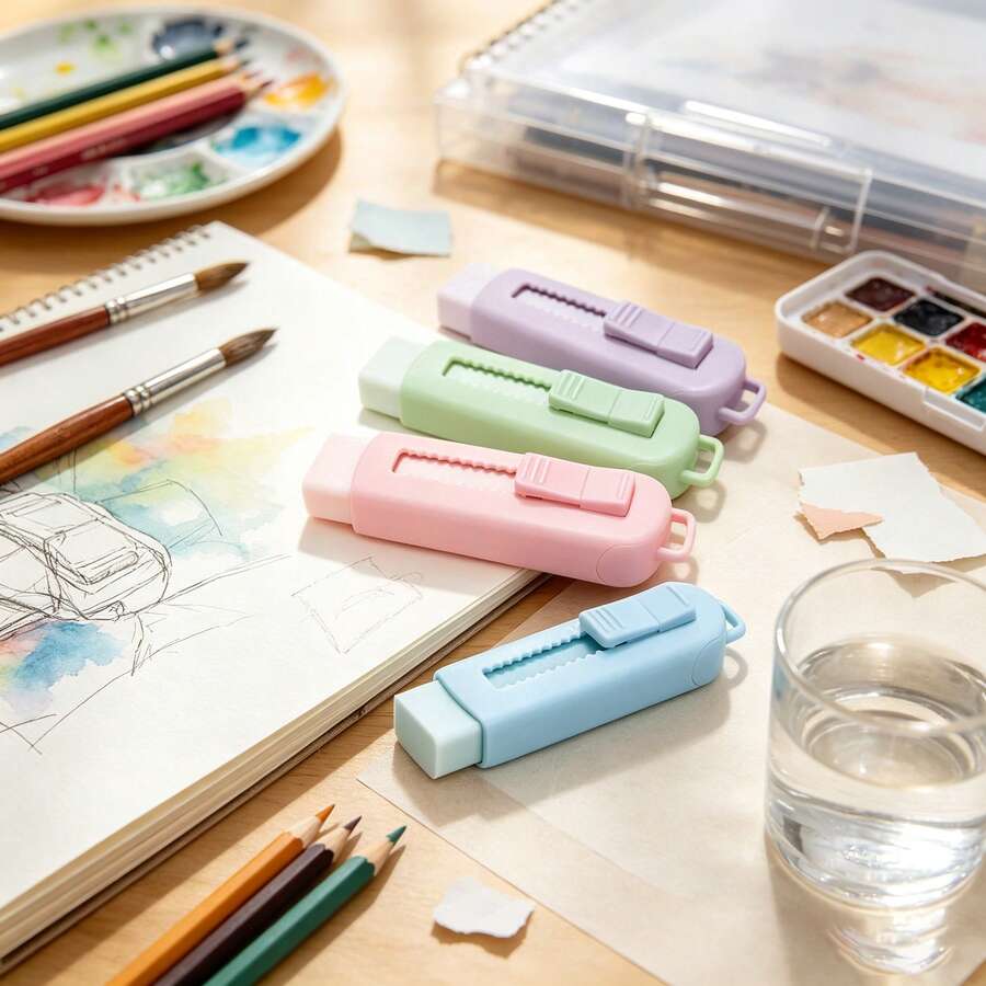 4 قطع ممحاة دفع وسحب بألوان ماكارون نابضة بالحياة، تصميم كرتوني إبداعي، شكل مستطيل متين، آلية انزلاق سهلة، مناسبة للتعلم ولوازم المكتب، ألوان متعددة، جمالية