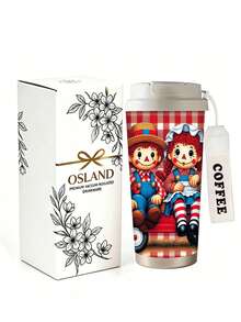 1pc/5pcs 500ml Halloween Vintage Doll Travel Mug, Double-Wall Stainless Steel Insulated Cup For Iced Coffee, Oat Milk, Cute Vintage Doll Couple & Plaid Print, Daily Use Insulated Cup, Birthday Gift For Son/Daughter, Holiday Gift - Multi-color - Plush Toy - View 4