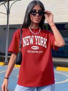 Women's Casual T-Shirt With "NEW YORK BROOKLYN THE EMPIRE CITY" Print – City Theme, Urban Culture, Casual Crew Neck Top – Breathable, Lightweight - Red - View 2