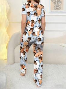 2pcs Customized Face Photo And Heart Pattern Women's Pajama Set - Personalized Romantic Gift For Valentine's Day, Birthday, Daily Home Wear, Short Sleeve Round Neck Top And Pants, Women's Set, Women's Summer Set - Black - View 2