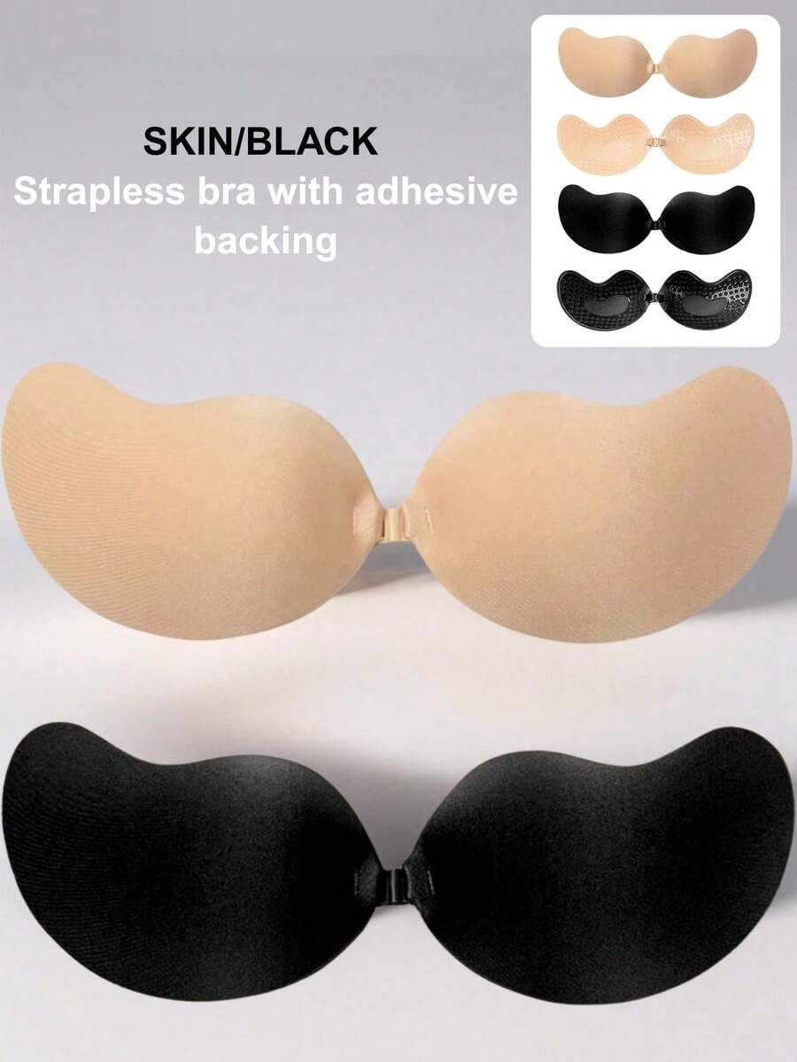 2 Pairs Strapless Adhesive Bras, Mango-Shaped Cups, Petal Nipple Covers, Breathable Design, Suitable For Small Breasts, Lifting And Gathering - Multicolor - View 1