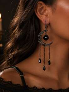 1 Pair Fashion Dark Personalized Crescent Moon Water Drop Faux Crystal Chain Long Tassel Earrings For Women, Suitable For Daily Commute, Party, Banquet, Halloween - Gun Black - View 1