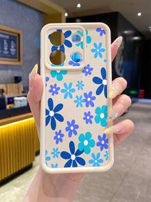 1pc Fashion Pure Android TPU Material Large Blue Flower Element Pattern Lens Protection Thick Anti-Fall Anti-Fingerprint Beige Diamond Sand Phone Case Suitable For Samsung/Transsion/HONOR/ - Beige - View 1