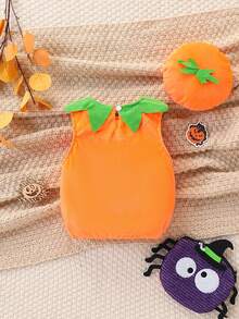 2pcs/Kids/Halloween/Pumpkin Embroidered Sleeveless Tank Top Set - Orange - View 4