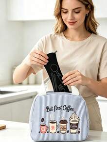Striped Lunch Bag Featuring Coffee-Themed Patterns And Lettering.Reusable Insulated Lunch Box, Large Capacity Thermal Bag, Comes With Black Utensil Storage Bag, Snack Storage Bag, Multi-Functional Travel Storage Bag, Makeup Bag, Toiletry Bag, Suitable For School, Commuting, Dorm, Picnic, Vacation, Birthday Gift, Halloween Christmas Gift - Multicolor - View 5