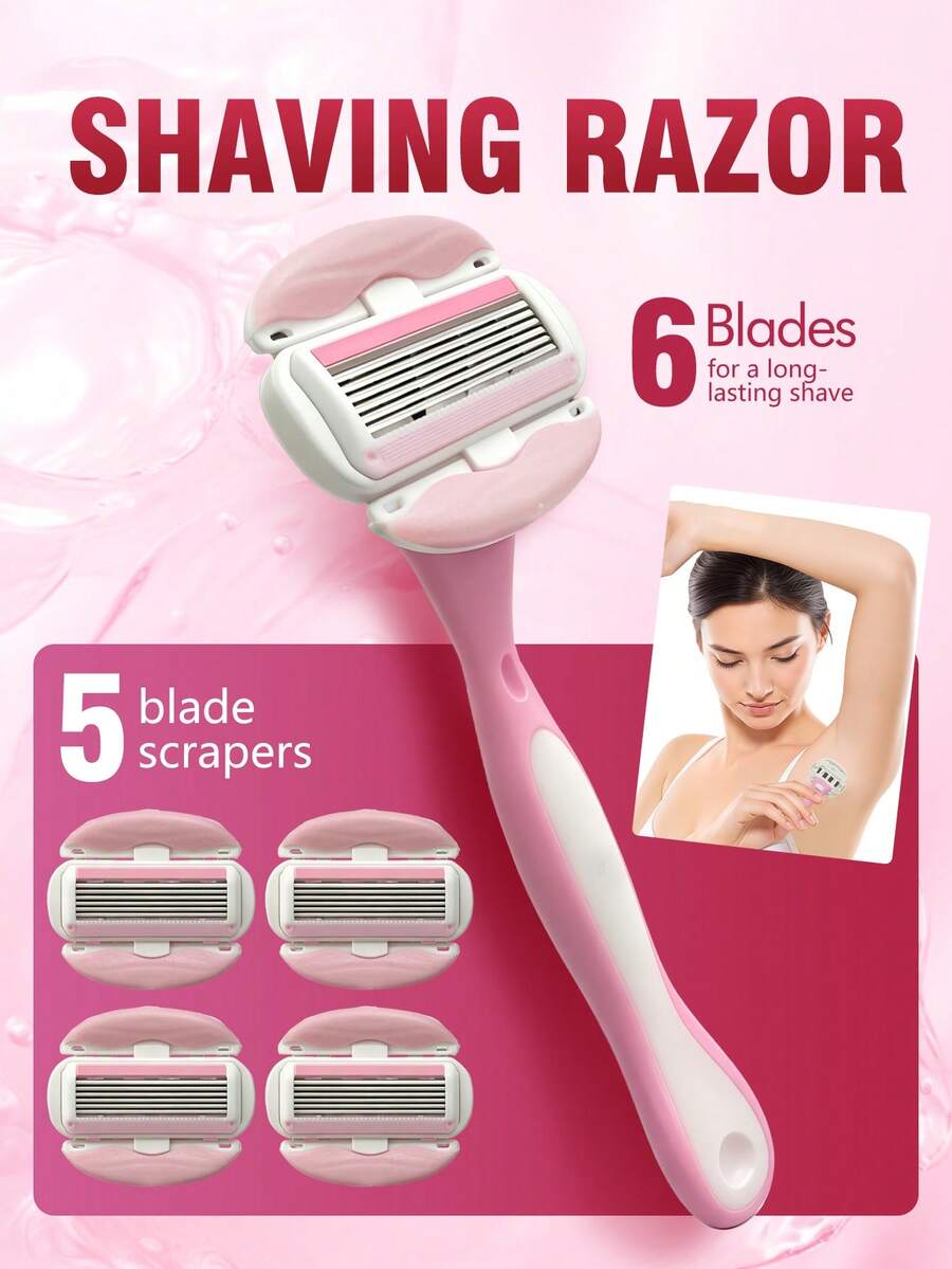 Women's Razor, Shaving Machine For Sensitive Areas, Portable Women's Hair Removal Razor, 6-Layer Blade Smooth Shaving Razor, Suitable For Bikini, Face, Arms, Legs, Hands And Underarms, Women's Full Body Hair Removal Device, Sensitive Area Shaving Razor, Bikini Trimmer, 1 Handle With 5 Replacement Blades, Hair Removal Tool, Face Razor, Shaving Razor, Face Hair Removal Device, Body Hair Trimmer, Exfoliating Shaving Razor, Hair Removal Machine, Women's Hair Removal Device - Multicolor - View 1